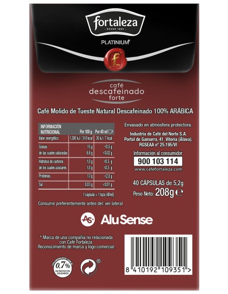 Café Descafeinado Forte 40 cápsulas Fortaleza Platinium compatibles con Nespresso®